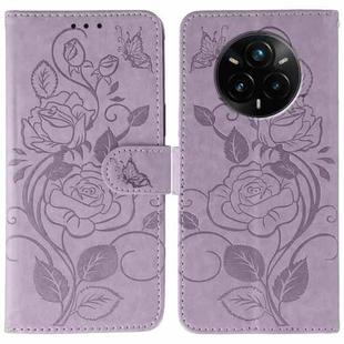 For Realme 14 Pro+ Rose Butterfly Embossed Leather Phone Case(Purple)
