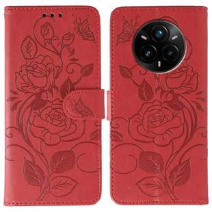 For Realme 14 Pro+ Rose Butterfly Embossed Leather Phone Case(Red)