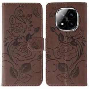 For Redmi Note 14 Pro+ 5G Rose Butterfly Embossed Leather Phone Case(Brown)
