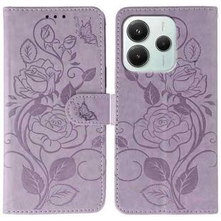 For Redmi Note 14 4G 163.25mm Global Rose Butterfly Embossed Leather Phone Case(Purple)