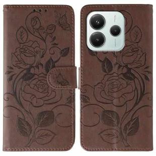 For Redmi Note 14 4G 163.25mm Global Rose Butterfly Embossed Leather Phone Case(Brown)