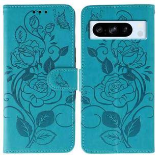 For Google Pixel 8 Pro Rose Butterfly Embossed Leather Phone Case(Blue)