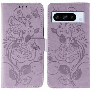 For Google Pixel 8 Pro Rose Butterfly Embossed Leather Phone Case(Purple)