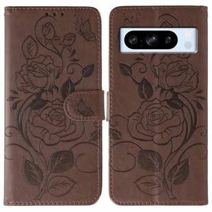 For Google Pixel 8 Pro Rose Butterfly Embossed Leather Phone Case(Brown)