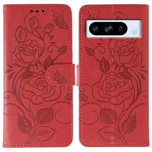 For Google Pixel 8 Pro Rose Butterfly Embossed Leather Phone Case(Red)