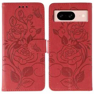 For Google Pixel 8a Rose Butterfly Embossed Leather Phone Case(Red)