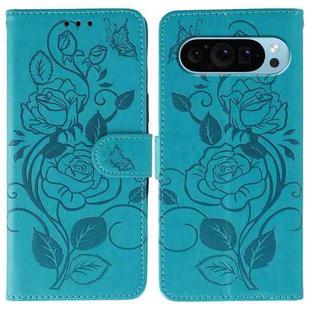 For Google Pixel 9 Pro Rose Butterfly Embossed Leather Phone Case(Blue)