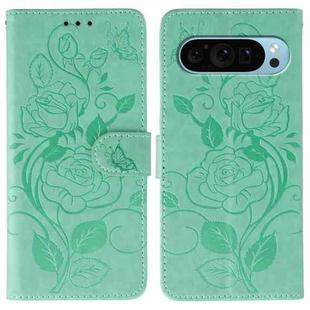 For Google Pixel 9 Pro Rose Butterfly Embossed Leather Phone Case(Green)