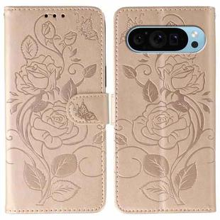 For Google Pixel 9 Pro Rose Butterfly Embossed Leather Phone Case(Rose Gold)