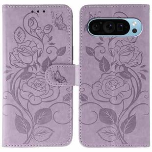 For Google Pixel 9 Pro Rose Butterfly Embossed Leather Phone Case(Purple)