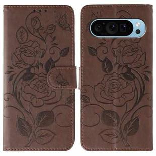 For Google Pixel 9 Pro Rose Butterfly Embossed Leather Phone Case(Brown)