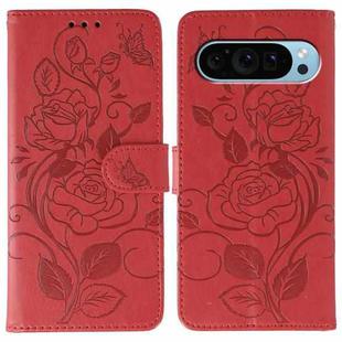 For Google Pixel 9 Pro Rose Butterfly Embossed Leather Phone Case(Red)