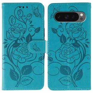For Google Pixel 10 Pro XL Rose Butterfly Embossed Leather Phone Case(Blue)