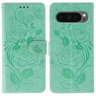 For Google Pixel 10 Pro XL Rose Butterfly Embossed Leather Phone Case(Green)
