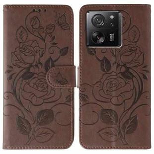 For Xiaomi 13T / 13T Pro Rose Butterfly Embossed Leather Phone Case(Brown)