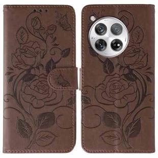 For OnePlus 12 Rose Butterfly Embossed Leather Phone Case(Brown)