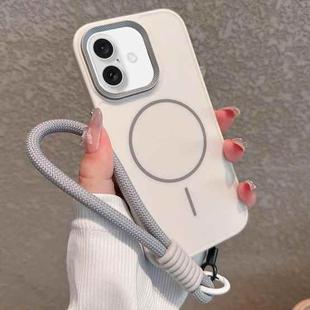 For iPhone 16 Plus Metal Diamond Texture Lens Frame MagSafe Phone Case with Lanyard(White)