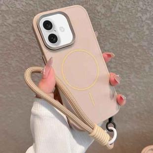 For iPhone 16 Plus Metal Diamond Texture Lens Frame MagSafe Phone Case with Lanyard(Khaki)