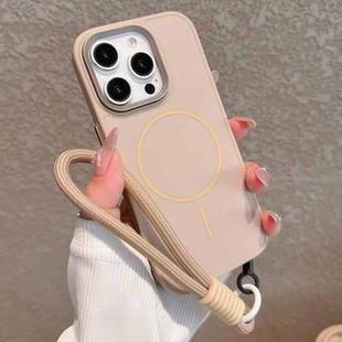 For iPhone 15 Pro Metal Diamond Texture Lens Frame MagSafe Phone Case with Lanyard(Khaki)