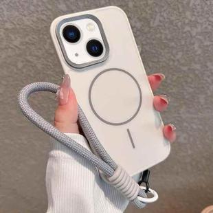 For iPhone 14 Metal Diamond Texture Lens Frame MagSafe Phone Case with Lanyard(White)