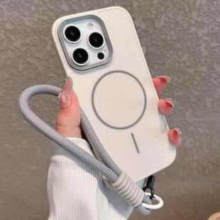 For iPhone 13 Pro Metal Diamond Texture Lens Frame MagSafe Phone Case with Lanyard(White)