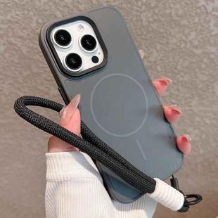 For iPhone 13 Pro Metal Diamond Texture Lens Frame MagSafe Phone Case with Lanyard(Black)