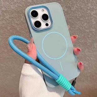 For iPhone 13 Pro Metal Diamond Texture Lens Frame MagSafe Phone Case with Lanyard(Blue)