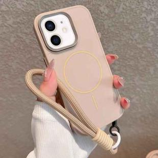 For iPhone 12 Metal Diamond Texture Lens Frame MagSafe Phone Case with Lanyard(Khaki)