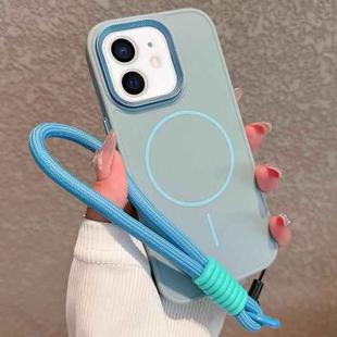 For iPhone 12 Metal Diamond Texture Lens Frame MagSafe Phone Case with Lanyard(Blue)