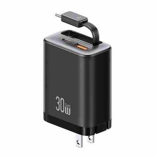 USAMS CC297 30W Fast Charger With Retractable USB-C / Type-C Cable, US Plug(Black)