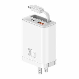 USAMS CC297 30W Fast Charger With Retractable USB-C / Type-C Cable, US Plug(White)