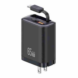 USAMS CC300 65W Fast Charger With Retractable USB-C / Type-C Cable, US Plug(Black)