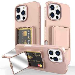 For iPhone 16 Pro Max Skin Feel TPU Hidden Mirror Card Bag Phone Case with Stand(Pink)