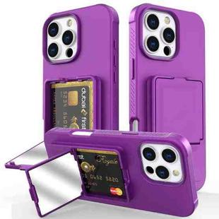 For iPhone 16 Pro Max Skin Feel TPU Hidden Mirror Card Bag Phone Case with Stand(Dark Purple)
