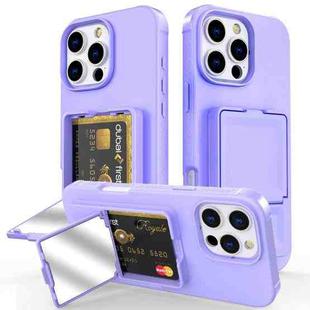 For iPhone 16 Pro Max Skin Feel TPU Hidden Mirror Card Bag Phone Case with Stand(Light Purple)