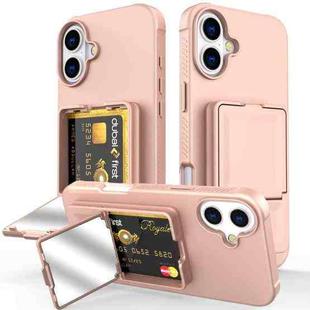 For iPhone 16 Skin Feel TPU Hidden Mirror Card Bag Phone Case with Stand(Pink)