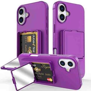 For iPhone 16 Skin Feel TPU Hidden Mirror Card Bag Phone Case with Stand(Dark Purple)