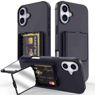 For iPhone 16 Skin Feel TPU Hidden Mirror Card Bag Phone Case with Stand(Black)