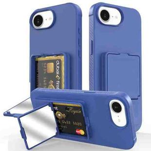 For iPhone 16e Skin Feel TPU Hidden Mirror Card Bag Phone Case with Stand(Blue)