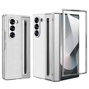 For Samsung Galaxy Z Fold6 5G Integrated Electroplated Plain Leather Pen Slot Center Axis Folding Phone Case with Stylus(White)