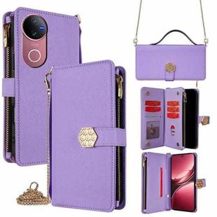 For vivo V50 5G Crossbody Handle Cross Texture Leather Phone Case(Purple)