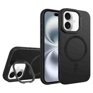 For iPhone 16 Diamond Texture Lens Holder Skin Feel MagSafe Phone Case(Black)