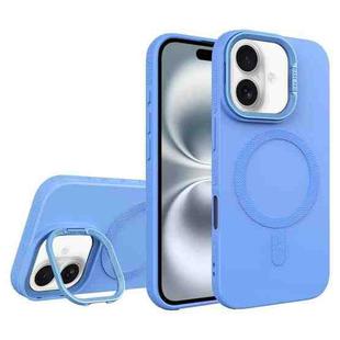 For iPhone 16 Diamond Texture Lens Holder Skin Feel MagSafe Phone Case(Sierra Blue)