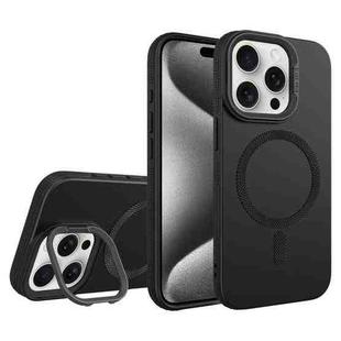 For iPhone 15 Pro Max Diamond Texture Lens Holder Skin Feel MagSafe Phone Case(Black)