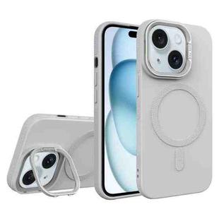 For iPhone 15 Plus Diamond Texture Lens Holder Skin Feel MagSafe Phone Case(Grey)