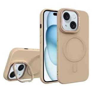 For iPhone 15 Plus Diamond Texture Lens Holder Skin Feel MagSafe Phone Case(Desert Gold)