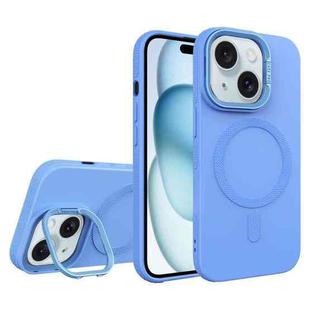 For iPhone 15 Plus Diamond Texture Lens Holder Skin Feel MagSafe Phone Case(Sierra Blue)