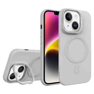 For iPhone 14 Diamond Texture Lens Holder Skin Feel MagSafe Phone Case(Grey)