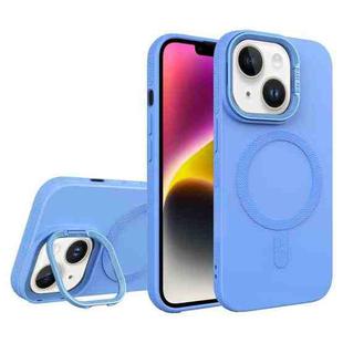 For iPhone 14 Diamond Texture Lens Holder Skin Feel MagSafe Phone Case(Sierra Blue)