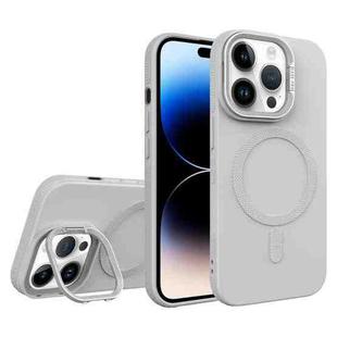 For iPhone 14 Pro Max Diamond Texture Lens Holder Skin Feel MagSafe Phone Case(Grey)